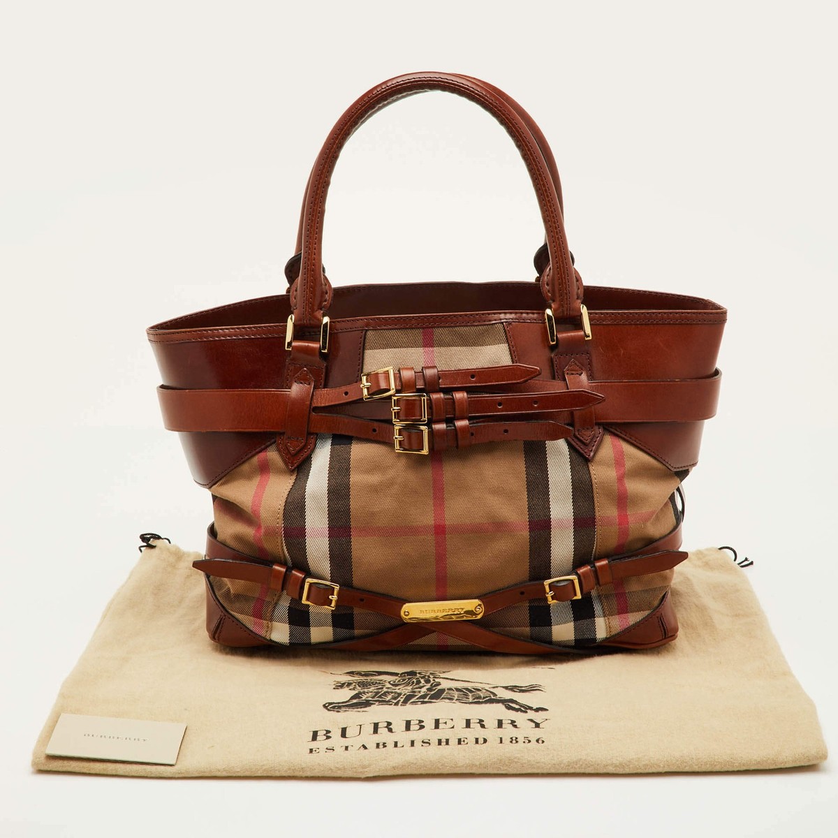 Burberry Bridle Lynher Brown House Check Fabric and Leather Tote
