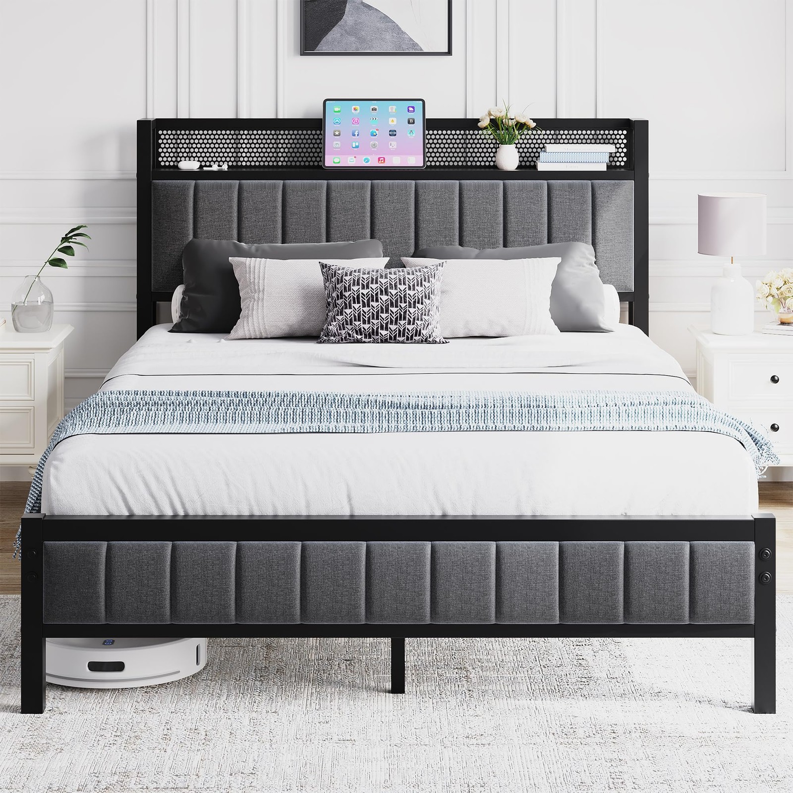 Double Bed Frame with Wooden Storage Shelf Headboard, Metal Platform Bed Frame Double, No Box Spring Needed, Noise Free, Reinforced Strong Support Leg, Textured Black&Brown Oak1 35 BORPHOM Double Bed Frame with Wooden Storage Headboard Shelf 4ft6 Upholstered