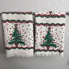 Vintage Christmas Tree Hand Towels Set of 2 Made in USA Fringe Holiday