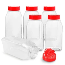 6 Pack 32 Oz BPA-Free Plastic Spice Jars with Red Caps, Shaker Lids.