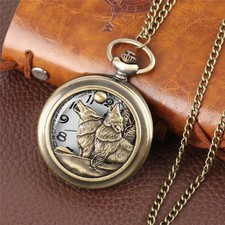 Wolf Moon Gothic Pocket Watch Howling Wolves Design Bronze Tone Quartz with Chai
