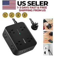 Compact 12-in-1 Power Strip - 8 Wide Outlets, 4 USB Ports  Overload Protection