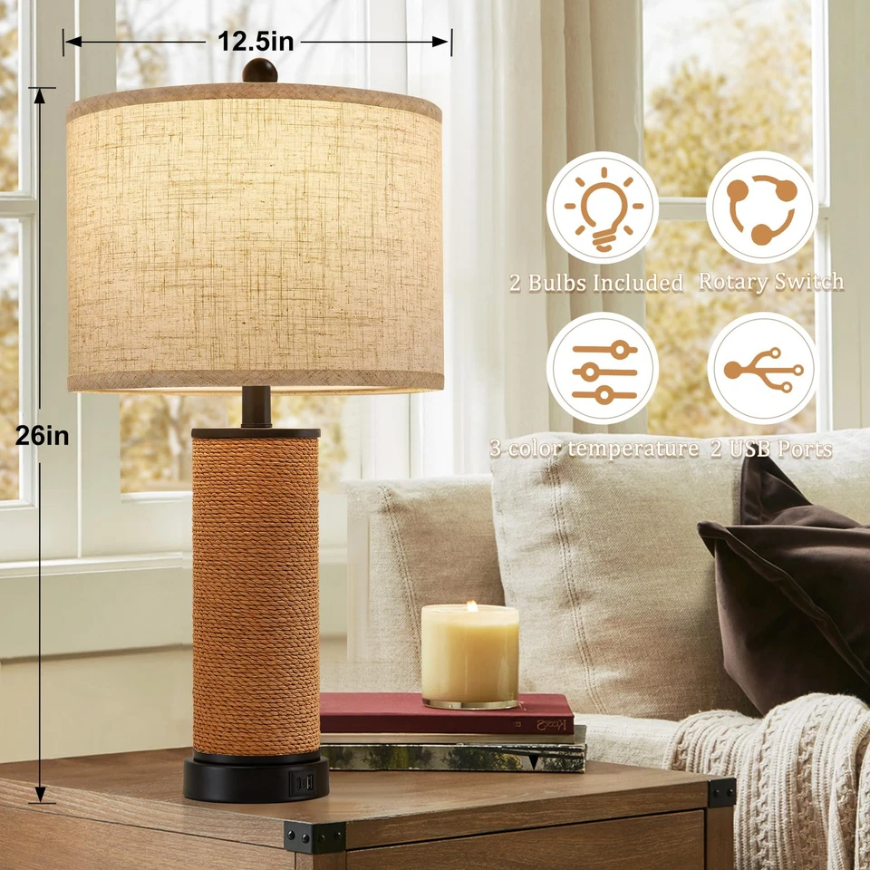 Juego de 2 Lámparas de Mesa de Ratán para Salón con Puertos USB C+A, Multicolor T... Foto 2 de 4