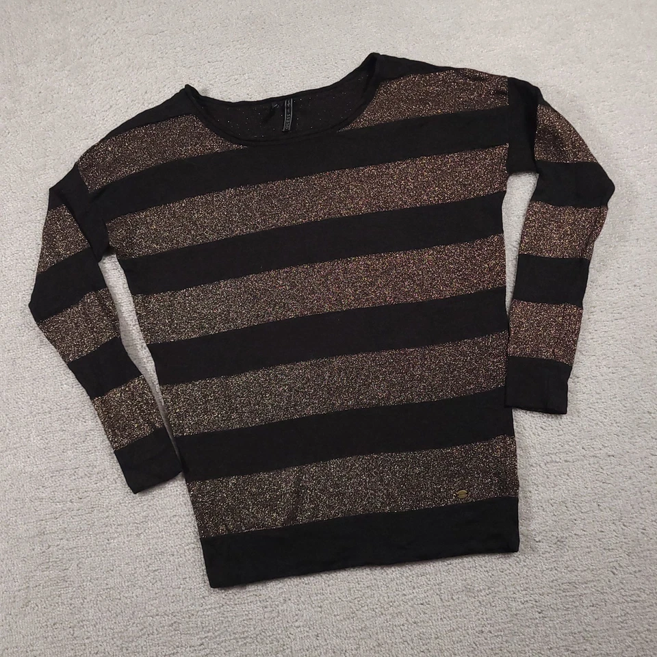 Suéter Guess Mujer Pequeño Negro Bronce Brillo Rayas Manga Larga Pullover Top Foto 2 de 4