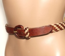 Vintage Braided Brown Leather Beige Cotton Cord Belt - Leather Buckle - SIZE 34