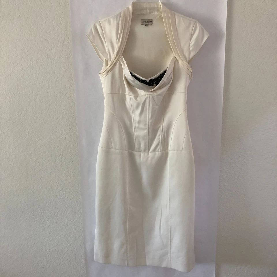 KAREN MILLEN VINTAGE IVORY CORSET STYLE JEWEL EMBELLISHED PENCIL MIDI DRESS SZ 8 - Image 3 of 4