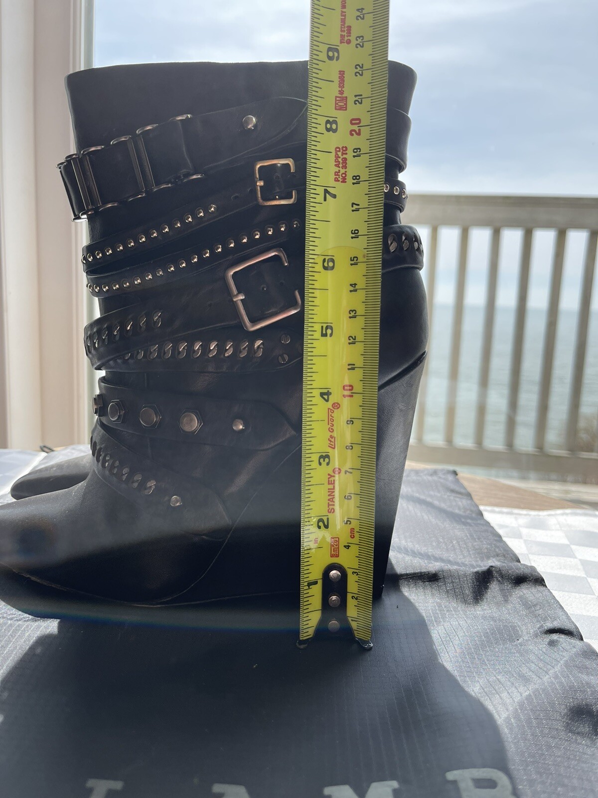 L.A.M.B. By Gwen Stefani Black Leather THACKER Buckle Strap Wedge Boot 7.5M RARE image 8