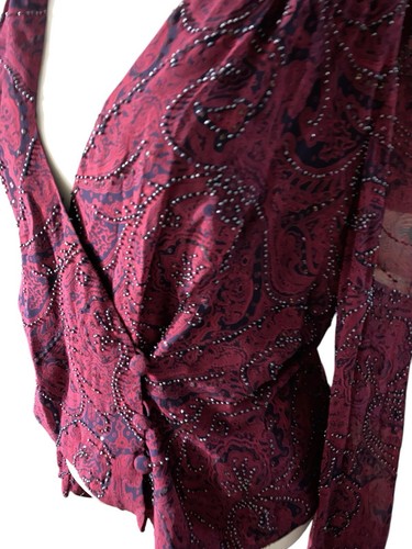 Carmen Marc Valvo Silk Beaded Blouse Women 10 Burgundy Bell Sleeve Plunge Top - Picture 17 of 19