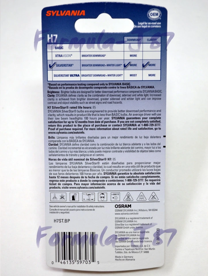 Sylvania Silverstar H7 55W One Bulb Light Turn Cornering Replacement Upgrade OE - Image 3 of 4
