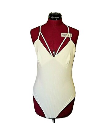 Material Girl White Bodysuit XL Ribbed Caged Adjustable Straps Stretch