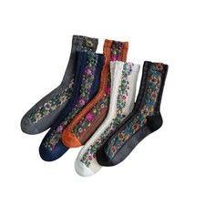 5 Pairs Women Cotton Colorful Flowers Middle Calf Socks In Tube Floral Crew Sock