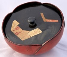 Antique Japanese Lacquer Bowl with Lid Meiji era 6” x 3”