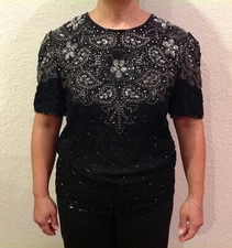 Vintage 1980s Mark & John by Sam sz S Sequin Shirt Black Silver Silk 