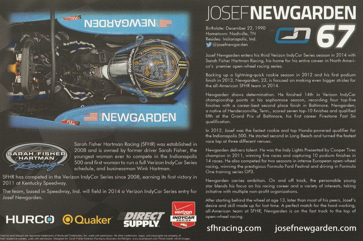 2014 JOSEF NEWGARDEN signed INDIANAPOLIS 500 PHOTO CARD POSTCARD