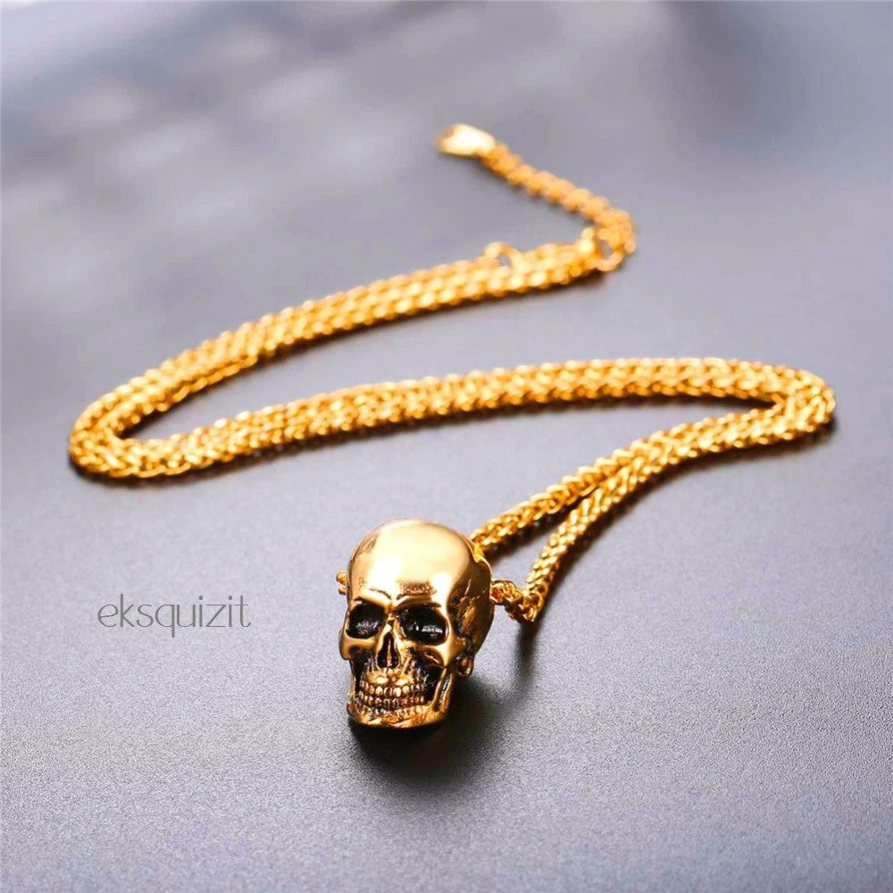SKULL PENDANT NECKLACE 24k GOLD PLATED PUNK BIKER GOTH CHAIN