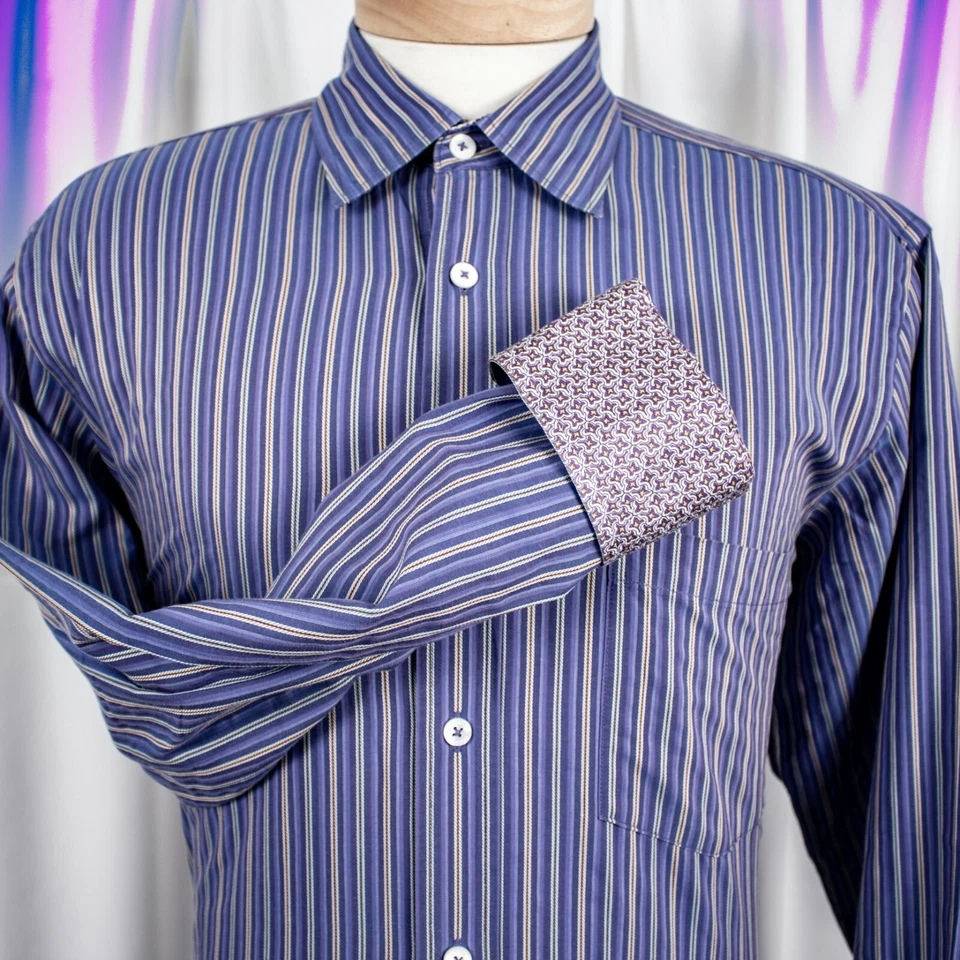 Camisa de vestir BUGATCHI púrpura lavanda gris naranja rayas para hombre talla L Foto 3 de 4
