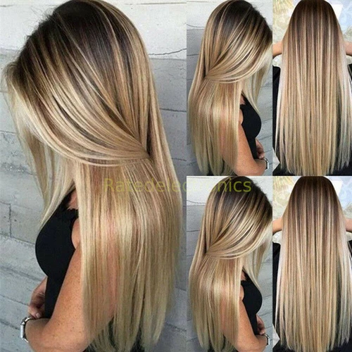 Women Real Long Straight Hair Wigs Ladies Natural Ombre Blonde Cosplay Full Wig