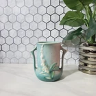 Vintage Roseville Foxglove 1942 Pink and Teal Double Handle Vase Art Pottery