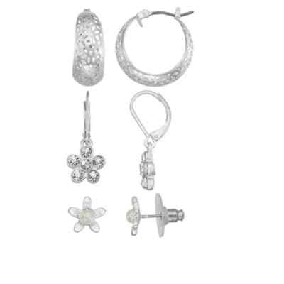 Women's Napier Silver-Tone Floral, Hoop & Stud Earring Set ()