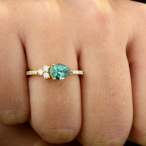 Halo Pear Green Tourmaline SI Clarity G-H Diamond Solid 18K Yellow Gold Ring - Picture 8 of 22