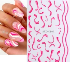 Nail Art Stickers Decal Crackle Pink White French Line Swirl Wave Geometric NS7