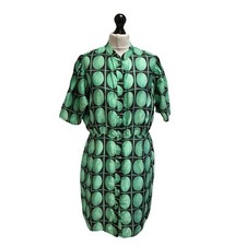 Zara 70s Geometric Dress Green Black Print Snap Front Mid Dress BNWOT L