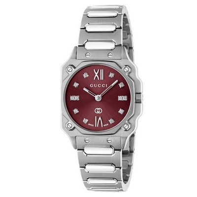 Gucci G-Flat 24mm Diamant Damenuhr YA166508 Burgund, 24mm Silber/Rot Unisex