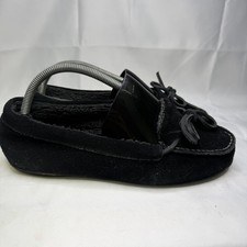 Vionic Orthotic Slipper Moccasins Ida Black Suede Bow Detail Faux Fur Sz 8