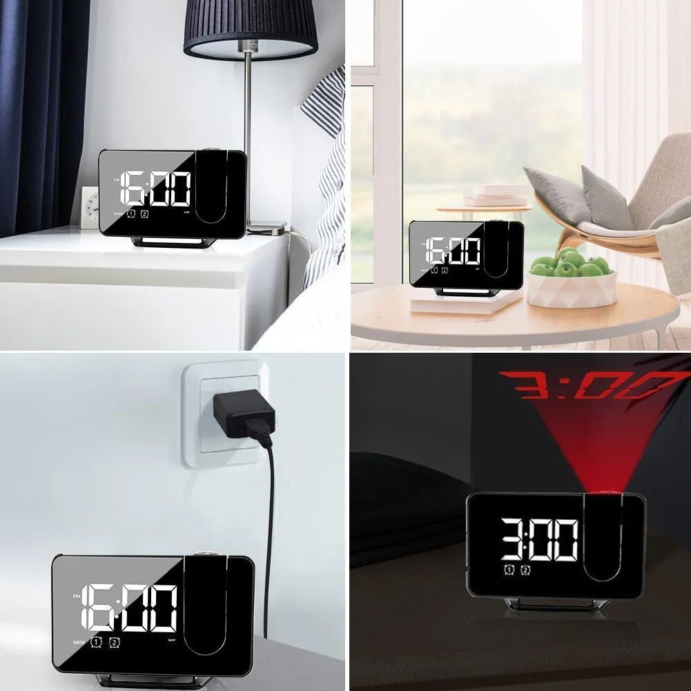 Multifunctional LED Projection Alarm Clock FM Radio for Bedroom Heavy Sleepers