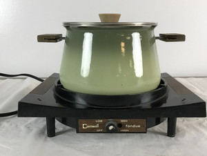 vintage 1970s Electric Cornwall 5248 Fondue Set Avocado Green Pot Lid Hot Plate
