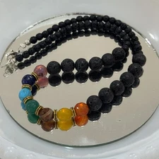 Multi Stone Chakra Necklace Accented With Black Lava Rock