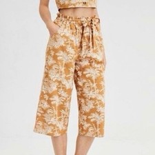 American Eagle Yellow Women's Floral Wide-Leg Pants Elastic Waistband Size S