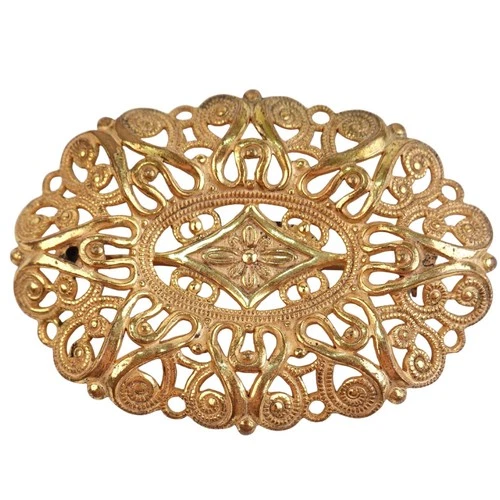 VTG Miriam Haskell Filigree Goldtone Metal Oval Shape Pin Brooch