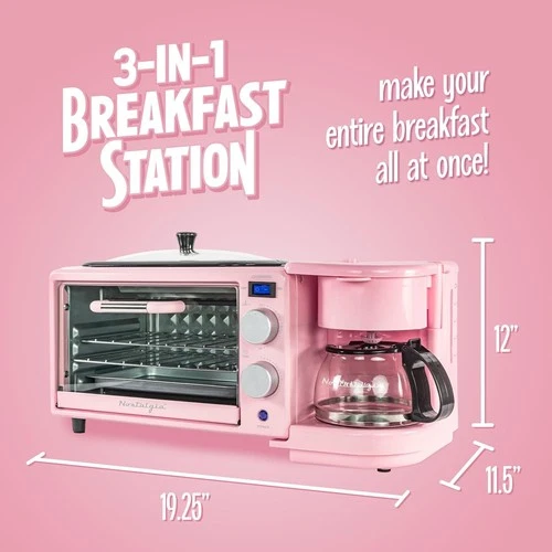 PINK 3-in-1 Retro Breakfast Station Includes 5Cup Coffee Maker/Non-Stick Ceramic