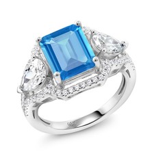 925 Sterling Silver Swiss Blue Topaz Ring For Women 4.79 Cttw, Emerald Cut