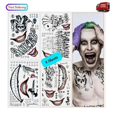 4 Sheets Large-Size Joker Tattoos,Halloween Temporary Tattoos for Men