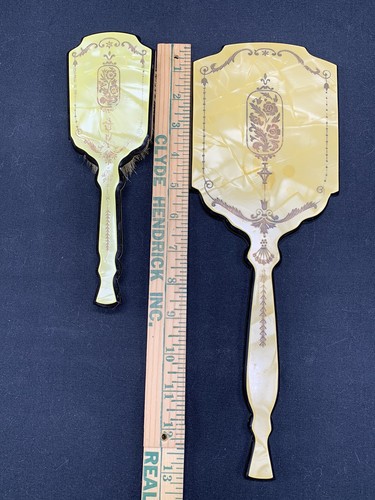 Hand Held Mirror & Brush Set Beveled Pearlized Embossed Amber Vanity Dresser - Afbeelding 11 van 12