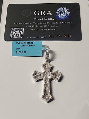 Sterling Silver Large Cross Pendant  Moissanite Dimonds 3.40 Ctw Baguette Stones