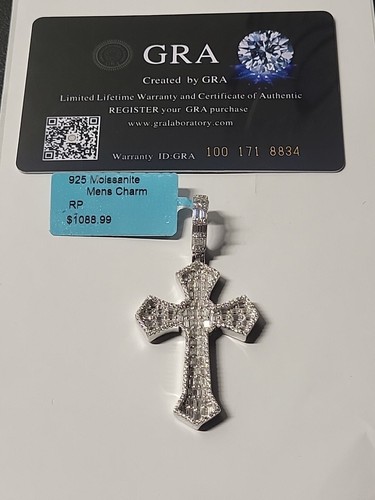 Sterling Silver Large Cross Pendant Moissanite Dimonds 3.40 Ctw Baguette Stones