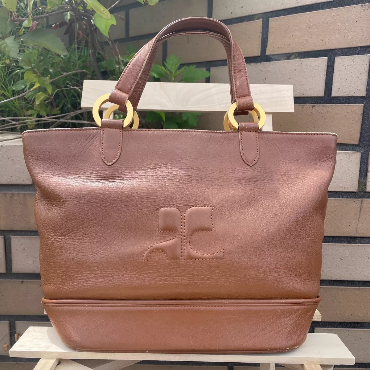 Courreges Paris Iconic Big Logo Hand Bag Brown Leather Woman W13 H6 D5inch Japan