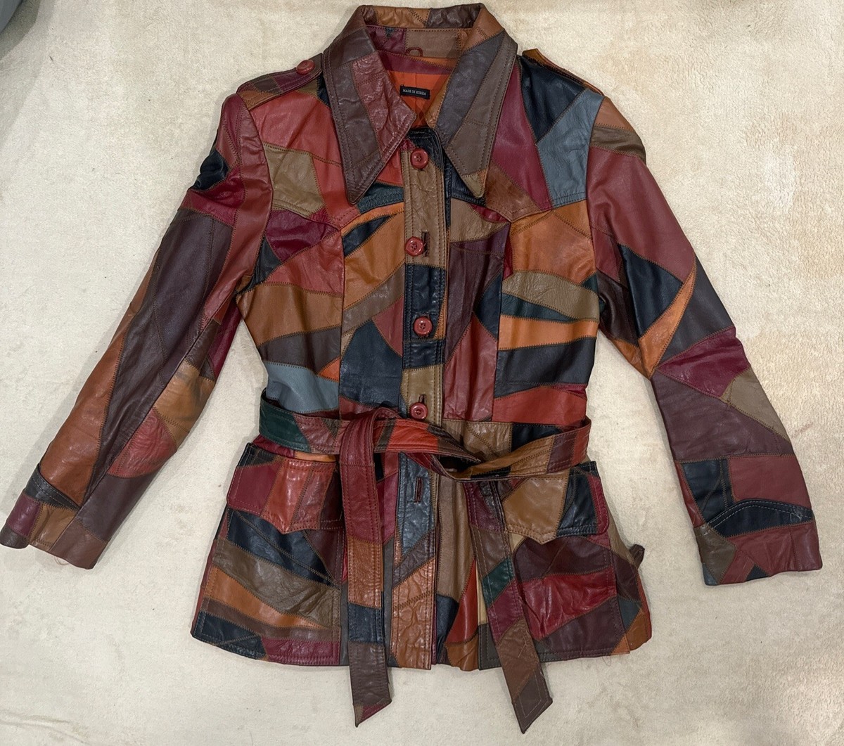 VINTAGE 1970s Leather Patchwork Jacket Womens 13-14 Fish VINTAGE 1970s Leather Patchwork Jacket Womens 13-14 Fish