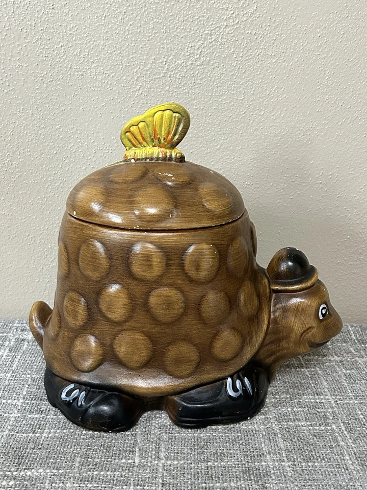 Tarro de galletas tortuga vintage EE. UU. cerámica cocina almacenamiento años 70 mariposa sombrero tortuga Foto 4 de 4