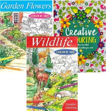 3 x A4 Adult CREATIVE WILDLIFE FLOWERS Colouring Books COLOUR THERAPY ALL AGES