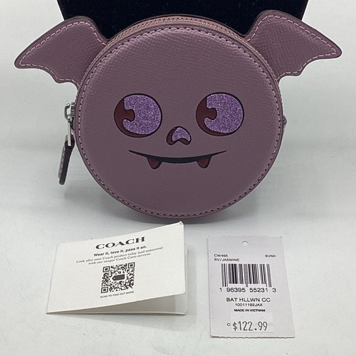 NWT Coach CW465 Purple Halloween BatLeather Coin Case SV/Jasmine 4” Diameter