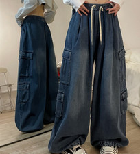 Women Loose Baggy Jeans Pants Vintage Cargo Pockets Denim Trousers Streetwear