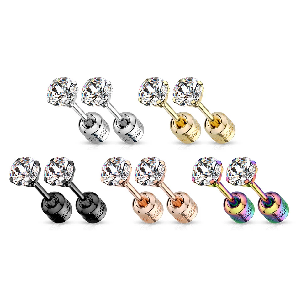 Juego de pares de aretes de acero quirúrgico con gemas centradas en la parte posterior del tornillo Foto 2 de 4