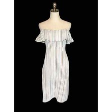 Zara Off the Shoulder Dress Bodycon Midi White Tan Stripes 