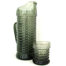 Mid Century Retro Glass Pitcher and Cup Smokey Gray Green Waffle Pattern