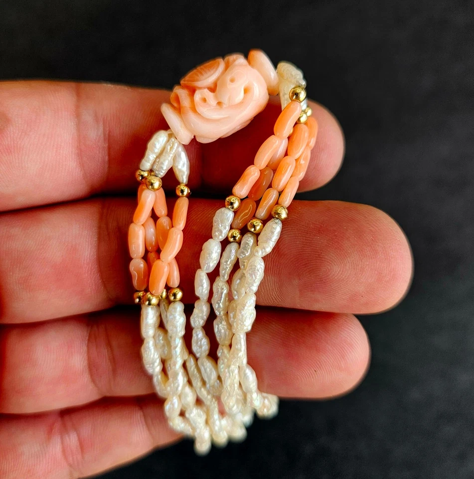 Vintage Angel Skyn Coral & RICE PEARL & 14K Gold BEADS NECKLACE 111 - Image 3 of 4