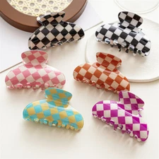 Women Hair Claw Rectangle Checkered Pattern Hair Clip Hairpin Crab Ponytail Grip